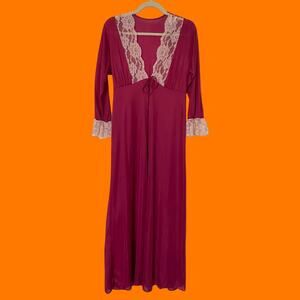 70's 80's vintage wine red pink floral lace lingerie peignoir robe LARGE